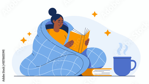 Black woman reading a book under a blanket with a hot drink vector illustration