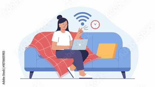 woman working on a laptop on a sofa vector illustration. remote work, freelancing, and home office comfort