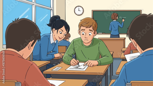 Student feeling stressed during a classroom exam with teacher watching.