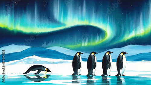 Enchanting watercolor illustration of emperor penguins gazing at the aurora borealis painting the arctic sky