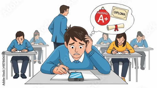 Student stressed during exam thinking about diploma and A grade.