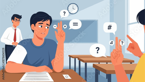Student struggling with test questions in classroom setting.