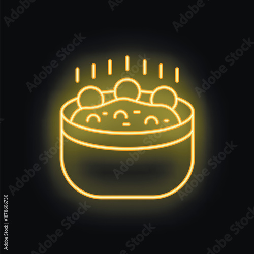 Yellow neon sign depicting a bowl of hot food steaming on a black background