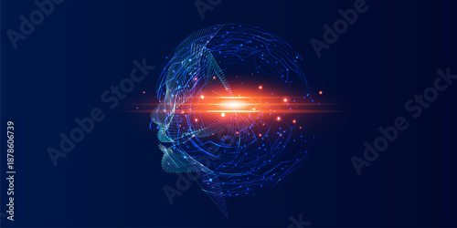 Artificial Intelligence, abstract artistic human head portrait made of dotted particles array, vector software digital visual interface.