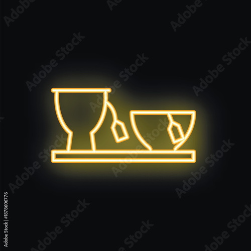 Yellow neon sign of teacups and teapot on a shelf, representing a cafe or tea room