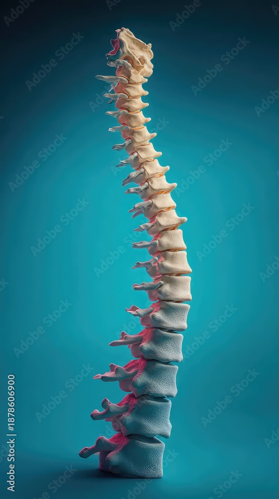 Obraz premium Illustration of the human body focusing on the neck skeleton, highlighting pain caused by cervical spondylosis, herniated disc, or muscle strain
