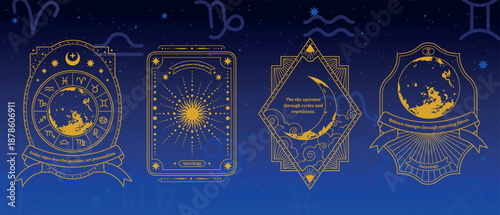 Vintage astrology frame. Celestial window borders with moon, star, zodiac sign. Gold glitter decoration for horoscope. Ornamental card in crescent gold on blue background. Vector antique line logo