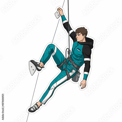 Determined male athlete wearing Estonian colors rappelling down a rope during an intensive rock climbing training session on transparent background