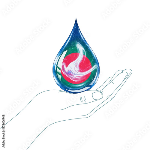 Gentle open hand carefully cradling a vibrant blue teardrop containing the shimmering colors of the Bangladesh flag on transparent background