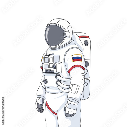 Detailed illustration of a cosmonaut wearing a white protective space suit featuring a small russian flag emblem on transparent background