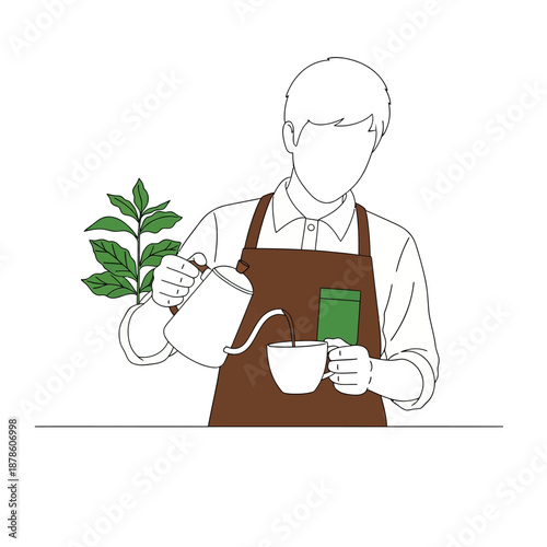 Skilled barista carefully pouring hot water from a gooseneck kettle to prepare a perfect cup of handcrafted pour over coffee on transparent background
