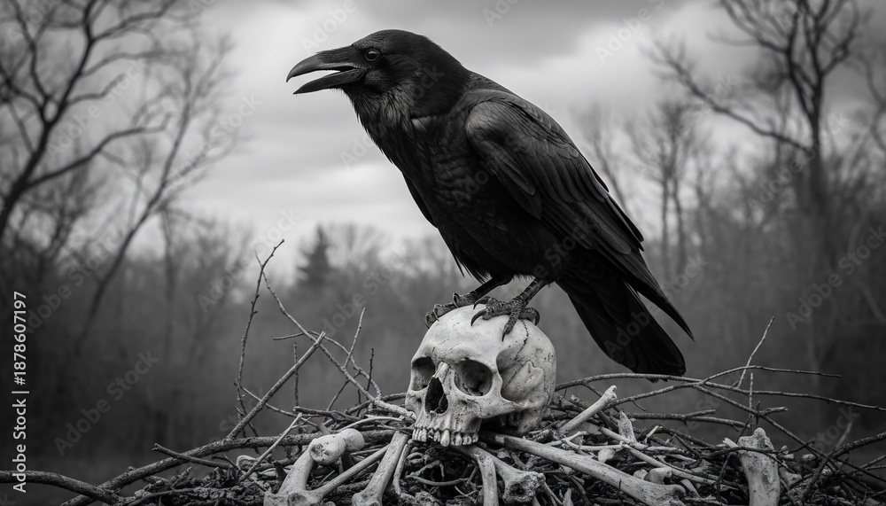 Obraz premium A black bird perches atop a skull, surrounded by skeletal remains and leafless trees