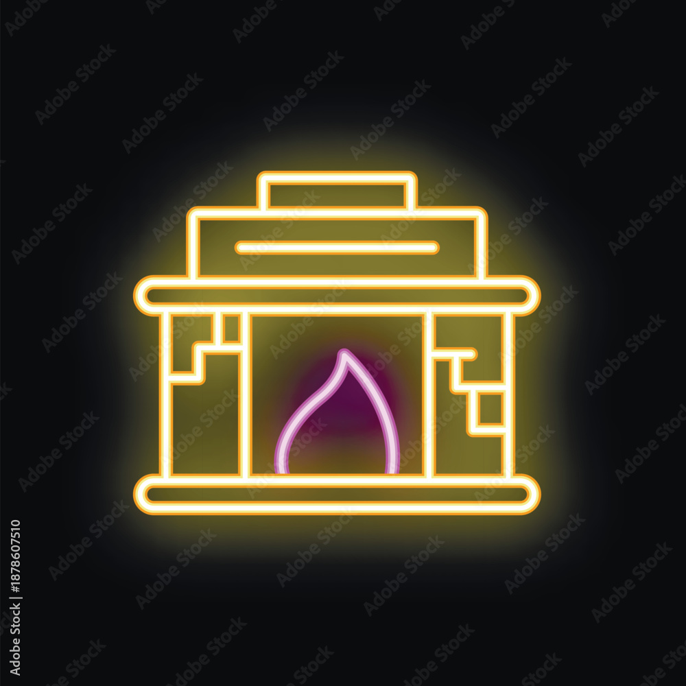 Fototapeta premium Neon fireplace is glowing brightly with an orange and purple flame
