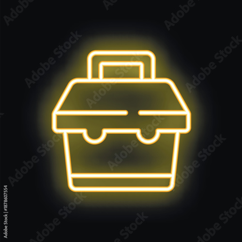 Yellow glowing neon icon of a lunch box isolated on a black background