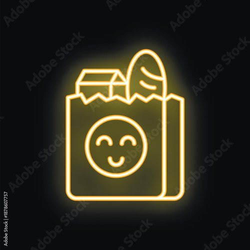 Neon yellow grocery bag smiling with food sticking out on a black background