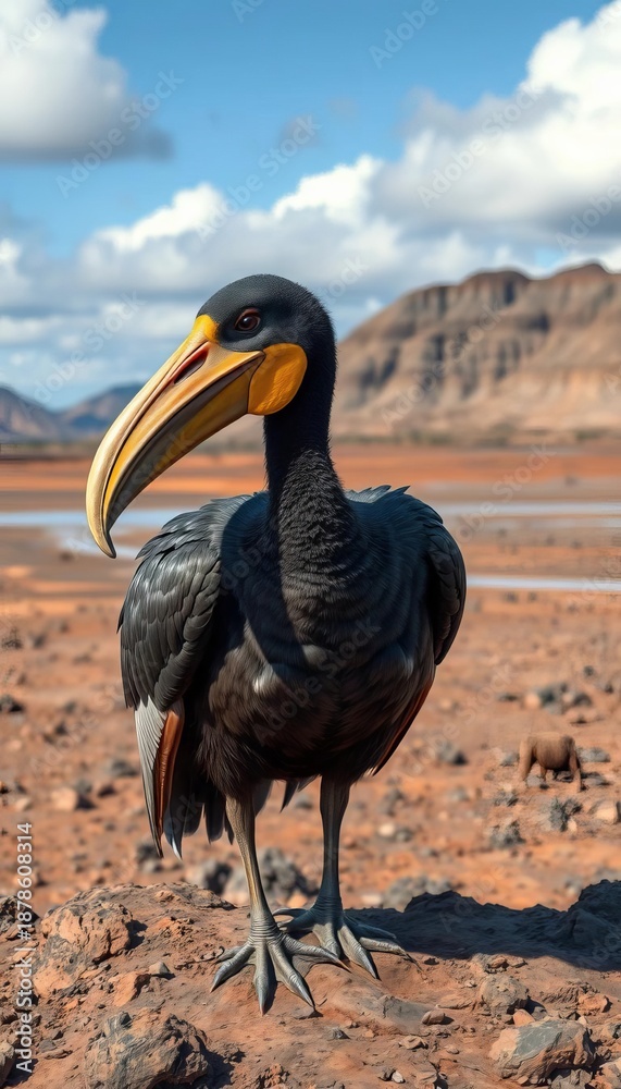 Obraz premium Rare reconstruction of an extinct dodo, emphasizing its stout build and peculiar beak, on a desolate island background, wildlife art, extinct species