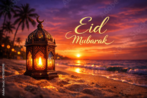 Ramadan Kareem Eid Mubarak lantern on beach at sunset for festive greetings