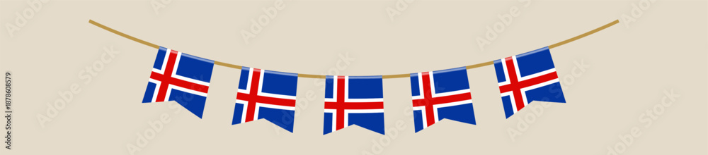 Obraz premium Icelandic flag bunting garland hanging on a string for a national holiday or festival event as a patriotic decoration.
