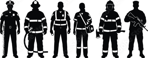 Emergency services and military silhouette collection, police firefighter paramedic rescue and soldier figures, black professional uniform icons isolated on white background