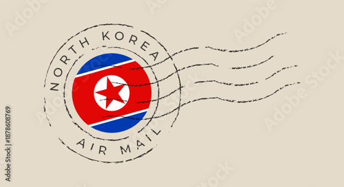 North Korea flag within a vintage air mail postmark, a grunge rubber cancellation stamp for postal travel concepts.