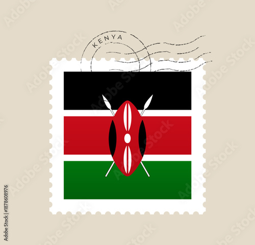 Kenya flag on a postage stamp with a travel cancellation postmark for vintage mail and correspondence concepts.