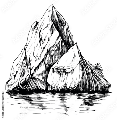 Hand drawn line art illustration of an iceberg depicting it floating in water for environmental themes