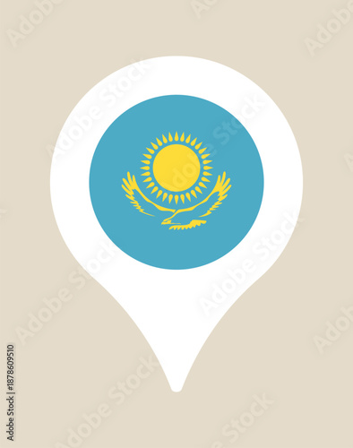 Kazakhstan National Flag within a map location pin icon, a vector symbol for travel, destination, and geography.