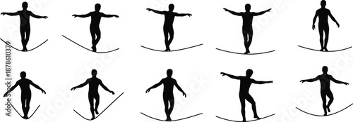 Black silhouette illustration of person balancing on curved tightrope, showing movement, posture variations, acrobatic performance, balance challenge, and circus concept