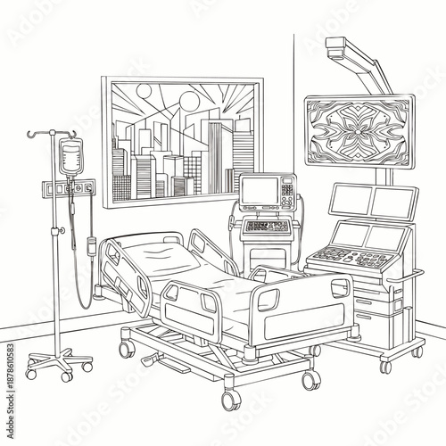 Modern hospital room with advanced medical equipment, patient bed, and technology for diagnosis and treatment