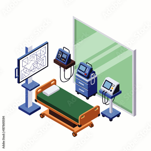 Isometric hospital room with medical equipment, bed, monitor, and ventilator, representing healthcare and technology.