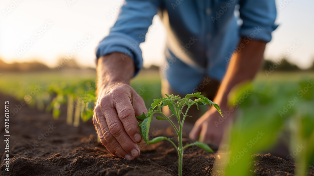 Fototapeta premium Warmth golden hour faceless dedicated gardener tends to young plants, nurturing growth gentle touch, horticulture care, botanical passion, plant cultivation, defocused background,