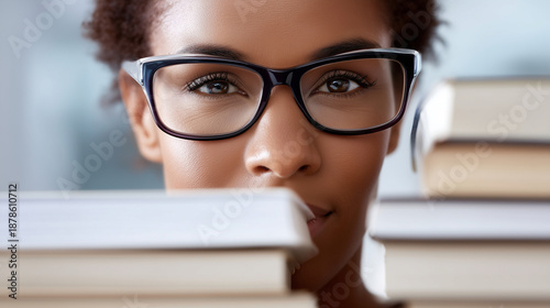 Closeup shot faceless person wearing glasses, great for portraying individuality, intellectual pursuits, academic lifestyle, scholarly appearance, reading concept, defocused backgr