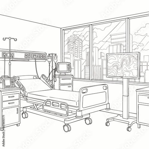 Modern hospital room interior with adjustable bed, medical equipment, and city view through large window.