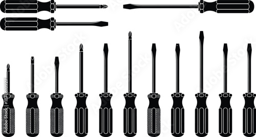 Screwdriver silhouette icon set, flat and Phillips head tools collection for repair workshop construction vector black illustration