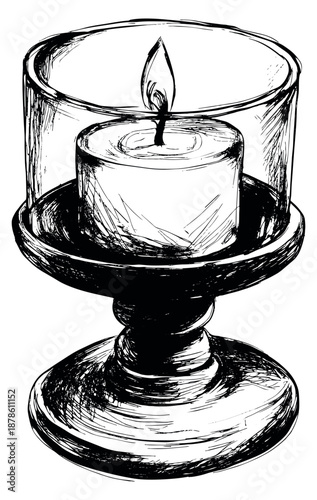 Hand drawn line art illustration of a candle in a glass holder depicting a burning flame for ambiance