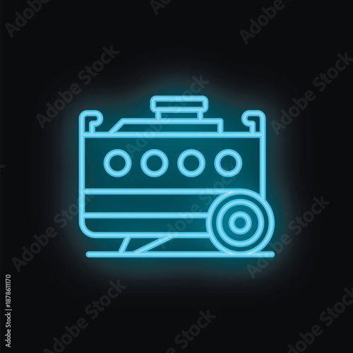 Blue glowing neon icon of a mobile home trailer, representing affordable housing or travel