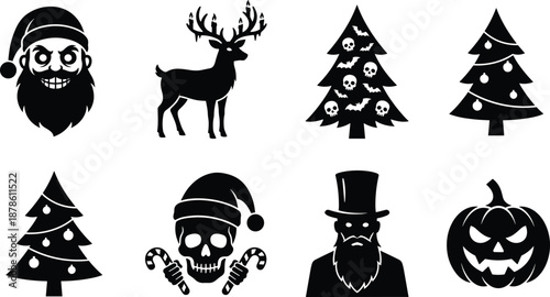 Spooky Christmas Halloween silhouette icon set, creepy Santa skull reindeer pumpkin gothic holiday festive vector illustration collection