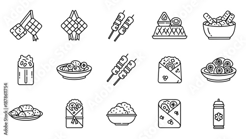 Southeast Asian Traditional Food Icon Set, Indonesian Cuisine Line Art, Ketupat, Satay, and Rice Wrap Illustrations