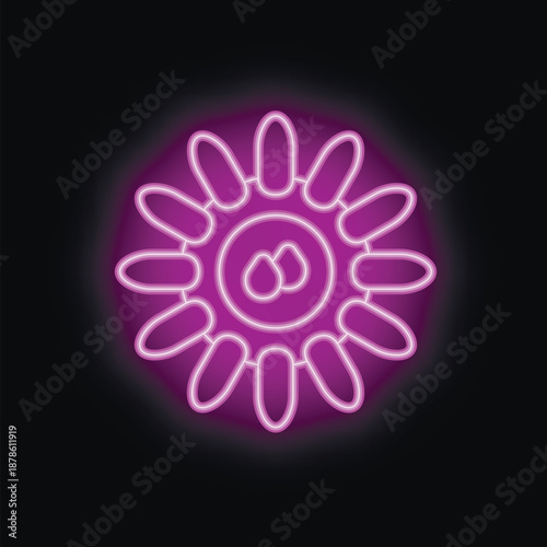 Neon icon of a virus showing the capsid and the genetic material, glowing on a dark background