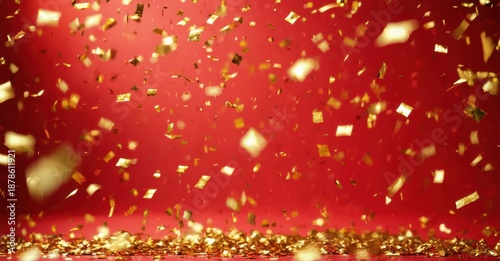 Red background features falling gold confetti. Celebration, party, festive mood conveyed through shimmering particles. Bright, dynamic visual.