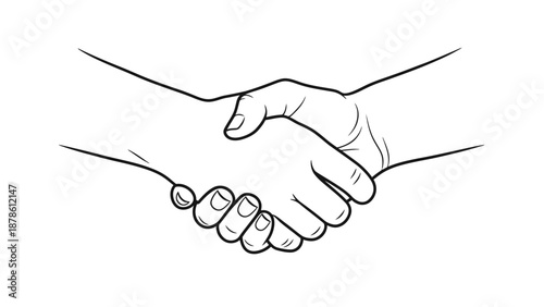 Black and white line drawing of two hands shaking in agreement.