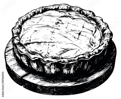 Hand drawn illustration of a pie depicting a whole cooked pastry on a wooden serving board for food and bakery concepts