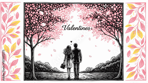 Romantic Couple Walking Under Cherry Blossom Trees on Valentine's Day