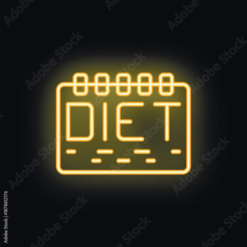 Bright yellow neon sign of a calendar page with the word diet on a dark background