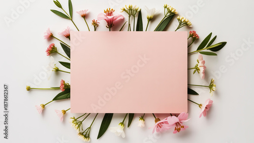 Elegant flat lay of a blank pink greeting card with a frame of fresh flowers