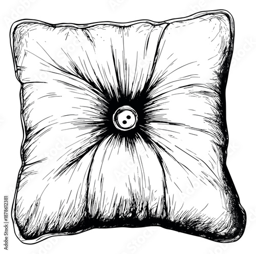 Hand drawn line art illustration of a pillow depicting a tufted design for home interior design