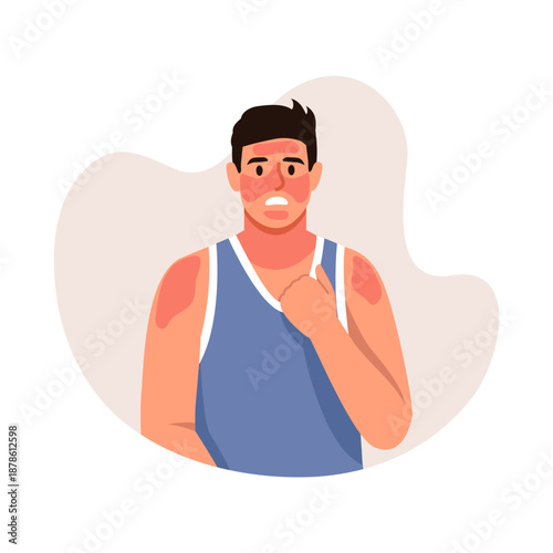 Vector illustration of a confused man with a sunburn. Cartoon scene of a dark-haired handsome man dressed in a T-shirt, with red spots on his skin, sunburned skin isolated on a white background.