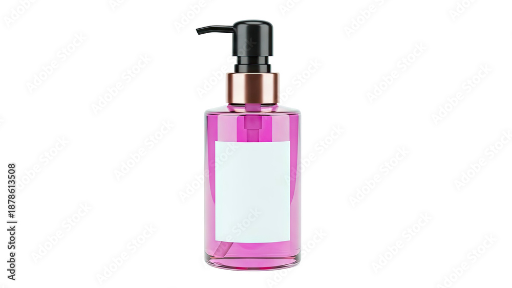 Naklejka premium Pink liquid pump bottle with blank label and rose gold accent