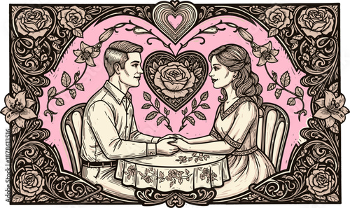Vintage Romantic Illustration of Couple Holding Hands at Table