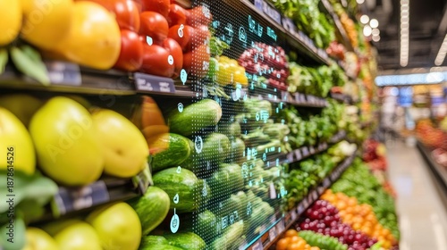 Grocery store produce display with digital overlay